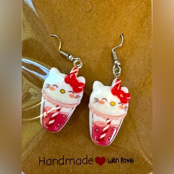 Hello Kitty Boba Handcrafted Earrings Hypoallergenic NEW - Picture 1 of 3
